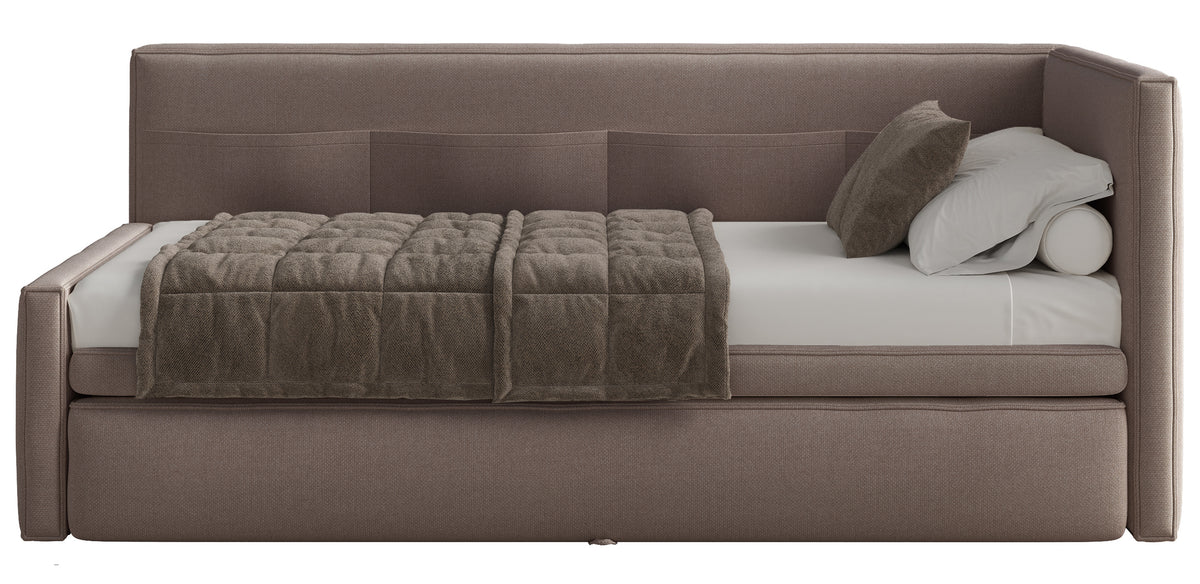 Jugendbett 90x200 cm Nesmi rechtsseitig mit Stauraum hellbrauner Chenille, pflegeleicht