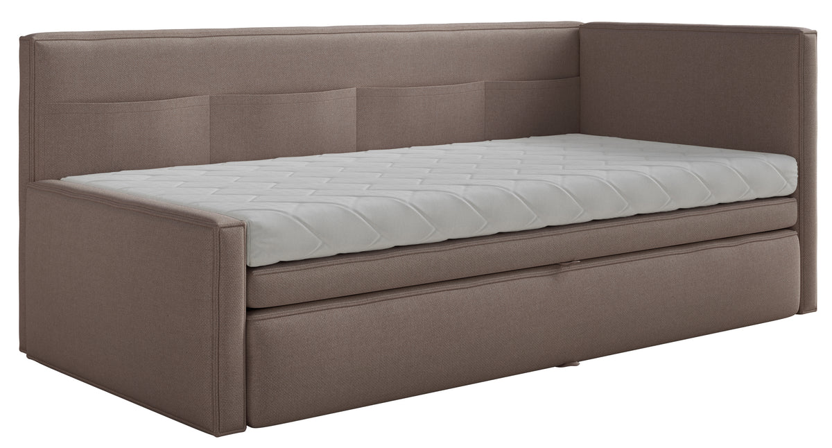 Jugendbett 90x200 cm Nesmi rechtsseitig mit Stauraum hellbrauner Chenille, pflegeleicht