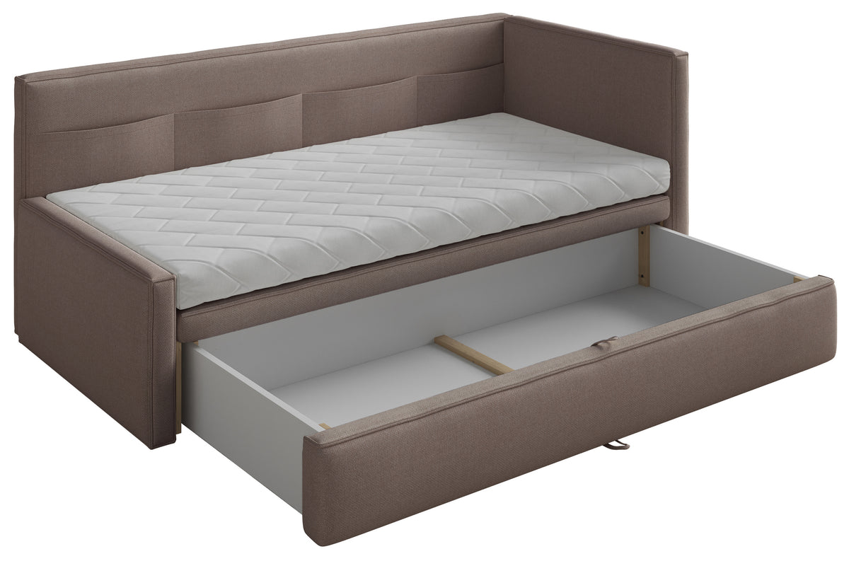 Jugendbett 90x200 cm Nesmi rechtsseitig mit Stauraum hellbrauner Chenille, pflegeleicht