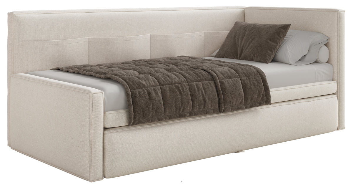 Jugendbett 90x200 cm Nesmi linksseitig mit Stauraum, cremefarben, pflegeleichter Chenille