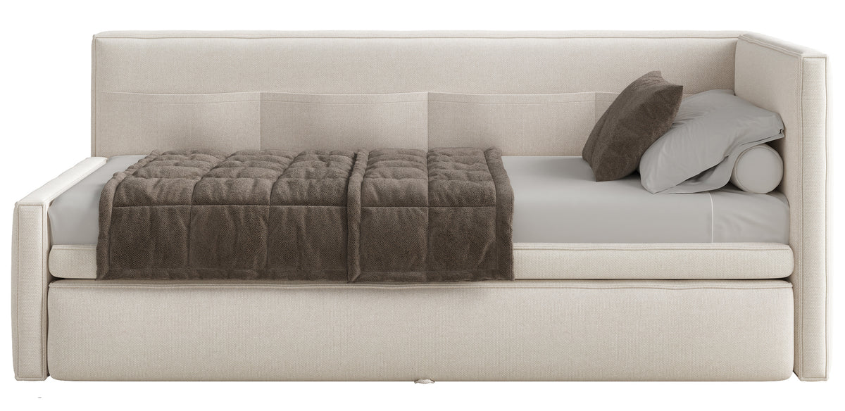 Jugendbett 90x200 cm Nesmi rechtsseitig mit Stauraum, cremefarben, pflegeleichter Chenille
