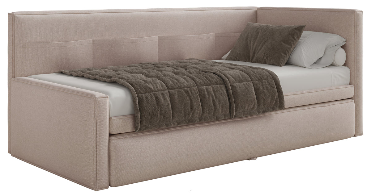 Jugendbett 90x200 cm Nesmi, rechtsseitig, mit Stauraum, beige Chenille, pflegeleicht