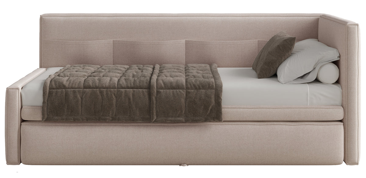 Jugendbett 90x200 cm Nesmi, rechtsseitig, mit Stauraum, beige Chenille, pflegeleicht