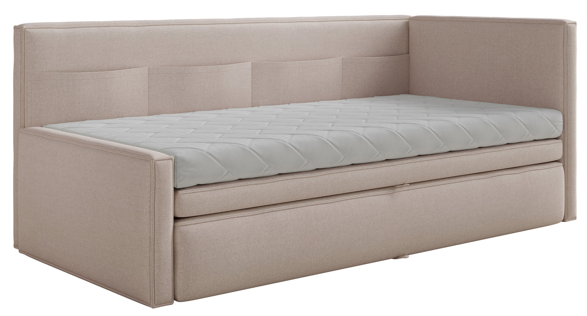 Jugendbett 90x200 cm Nesmi, rechtsseitig, mit Stauraum, beige Chenille, pflegeleicht