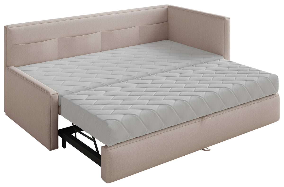 Jugendbett 90x200 cm Nesmi, rechts ausziehbar, mit Matratzen, beige Chenille, pflegeleicht