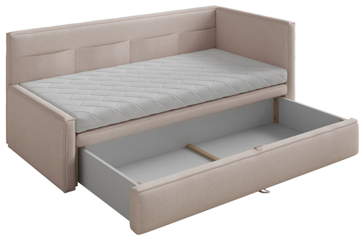 Jugendbett 90x200 cm Nesmi, rechtsseitig, mit Stauraum, beige Chenille, pflegeleicht