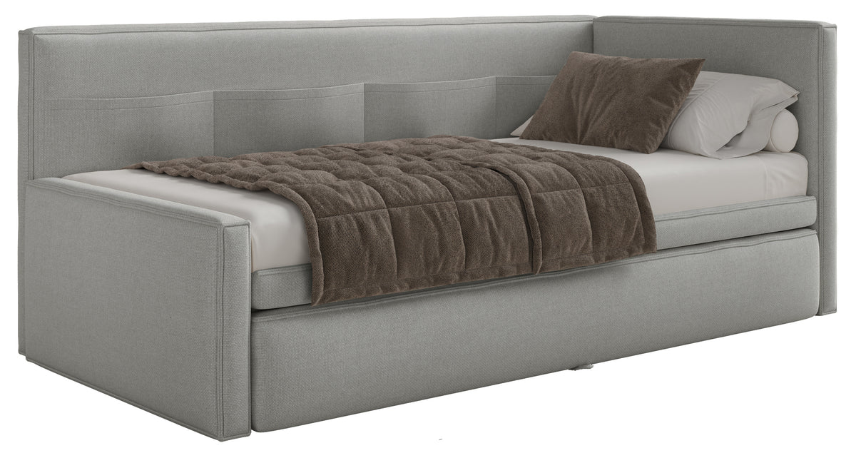 Jugendbett 90x200 cm Nesmi linksseitig mit Stauraum, hellgrauer Chenille, pflegeleicht