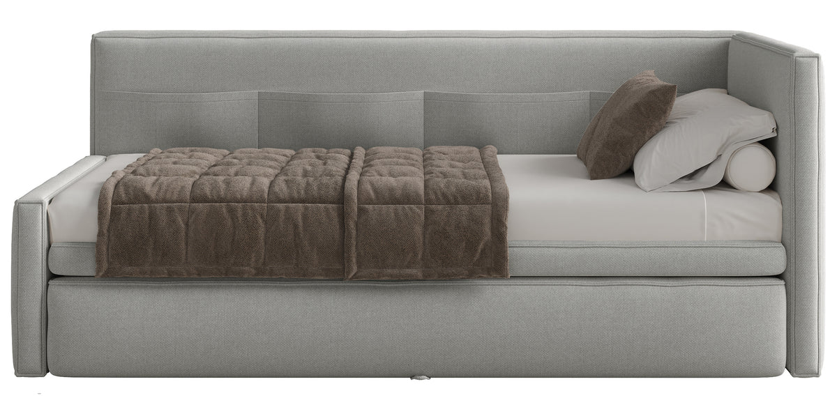 Jugendbett 90x200 cm Nesmi rechtsseitig mit Stauraum, hellgrauer Chenille, pflegeleicht