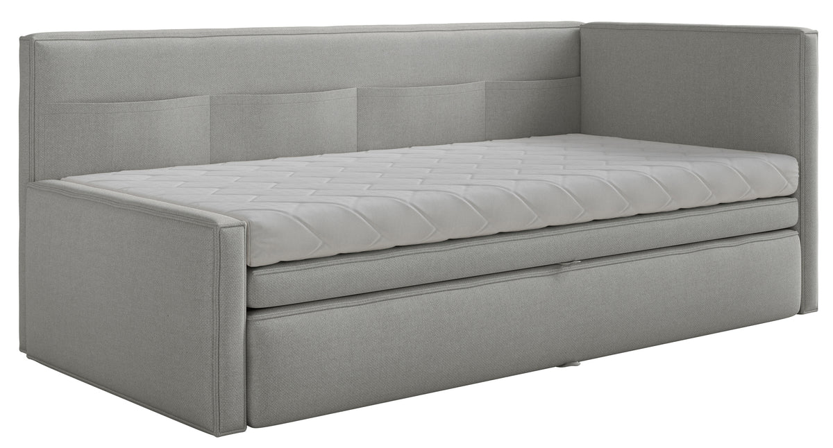 Jugendbett 90x200 cm Nesmi rechtsseitig mit Stauraum, hellgrauer Chenille, pflegeleicht