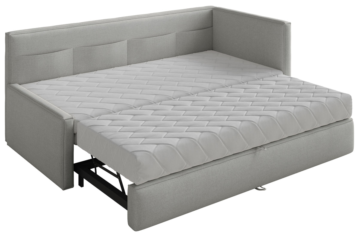 Jugendbett 90x200 cm Nesmi, rechtsseitig ausziehbar, mit hellgrauen, leicht zu reinigenden Chenille-Matratzen