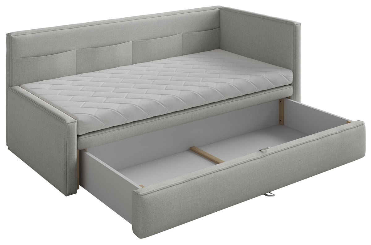 Jugendbett 90x200 cm Nesmi rechtsseitig mit Stauraum, hellgrauer Chenille, pflegeleicht
