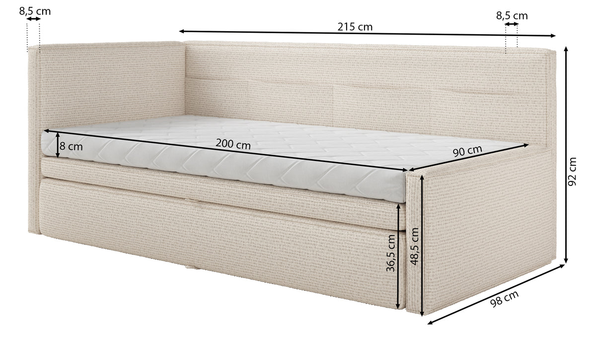 Jugendbett 90x200 cm Nesmi links mit Stauraum Salbeigrün Geflecht