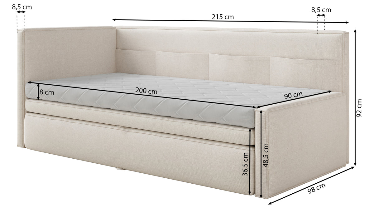 Jugendbett 90x200 cm Nesmi linksseitig mit Stauraum, hellgrauer Chenille, pflegeleicht