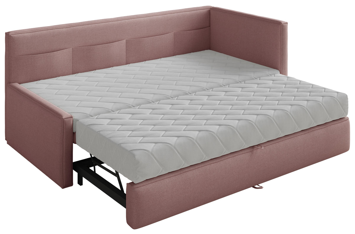 Jugendbett 90x200 cm Nesmi, rechts ausziehbar, mit Matratzen, dirty pink Chenille, pflegeleicht