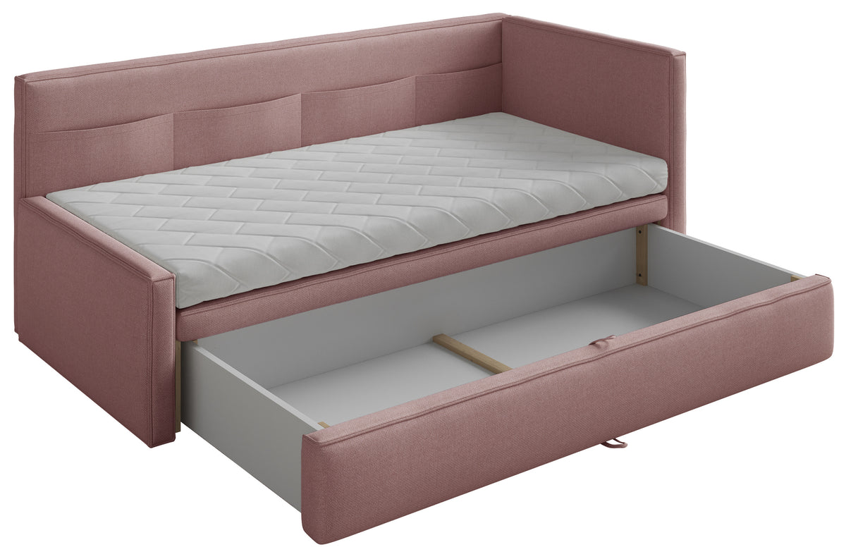 Jugendbett 90x200 cm Nesmi rechtsseitig mit Stauraum, dirty pink Chenille, pflegeleicht