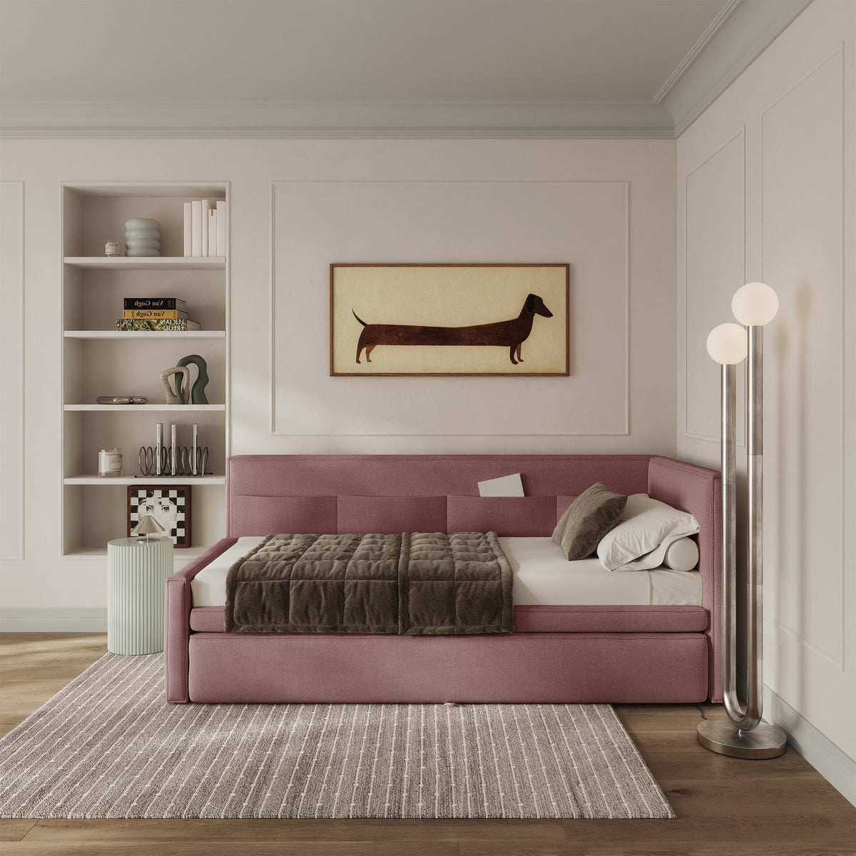 Jugendbett 90x200 cm Nesmi rechtsseitig mit Stauraum, dirty pink Chenille, pflegeleicht
