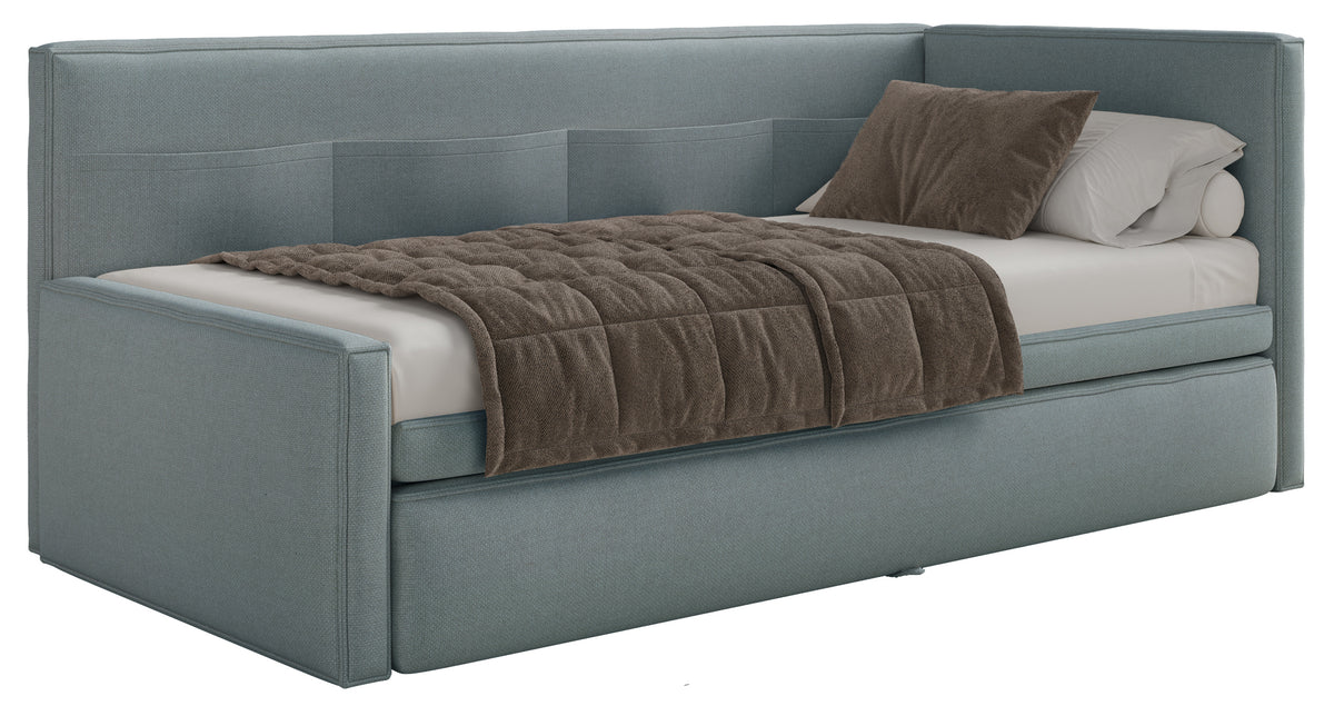 Jugendbett 90x200 cm Nesmi linksseitig mit Stauraum, blau, pflegeleichter Chenille