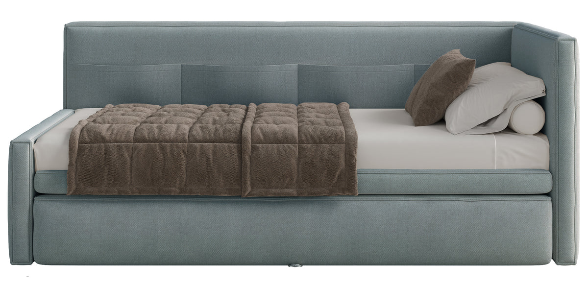 Jugendbett 90x200 cm Nesmi rechtsseitig mit Stauraum, blau, pflegeleichter Chenille