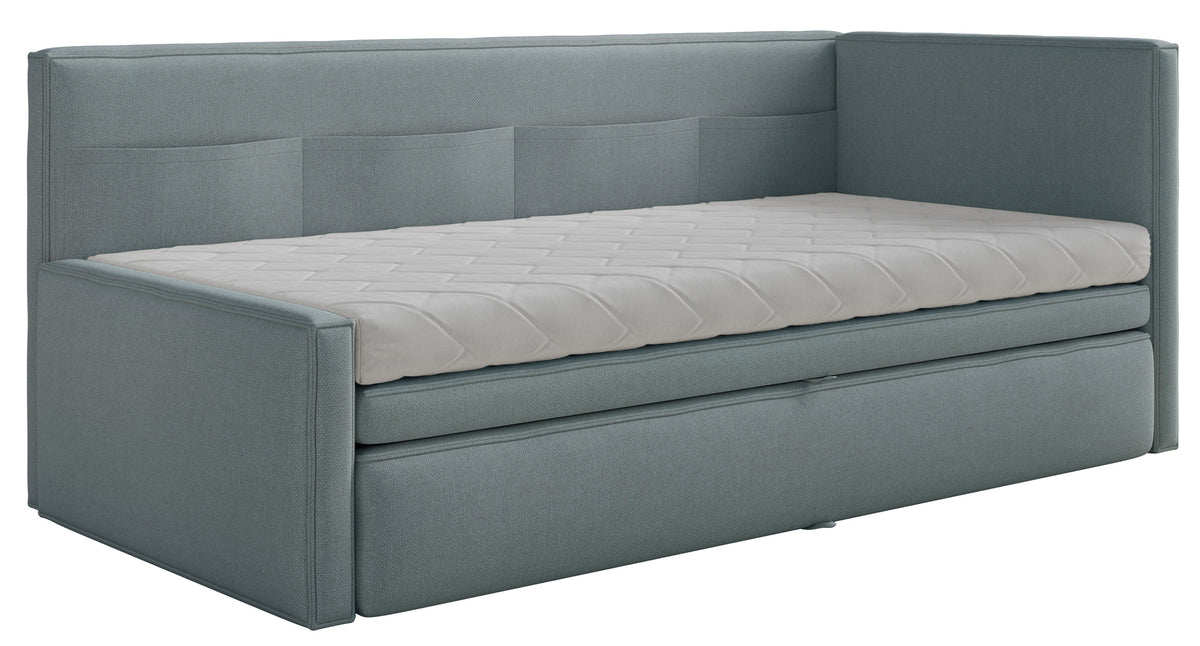Jugendbett 90x200 cm Nesmi rechtsseitig mit Stauraum, blau, pflegeleichter Chenille