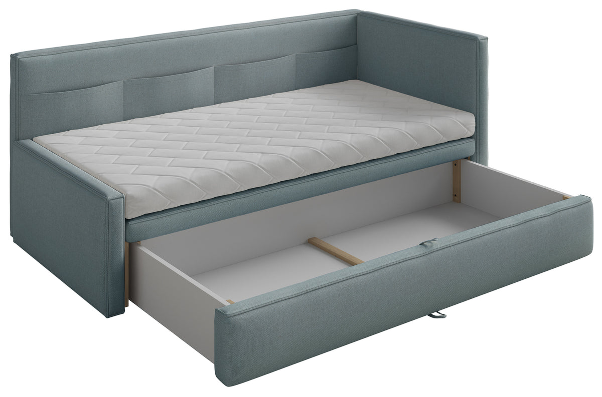 Jugendbett 90x200 cm Nesmi rechtsseitig mit Stauraum, blau, pflegeleichter Chenille