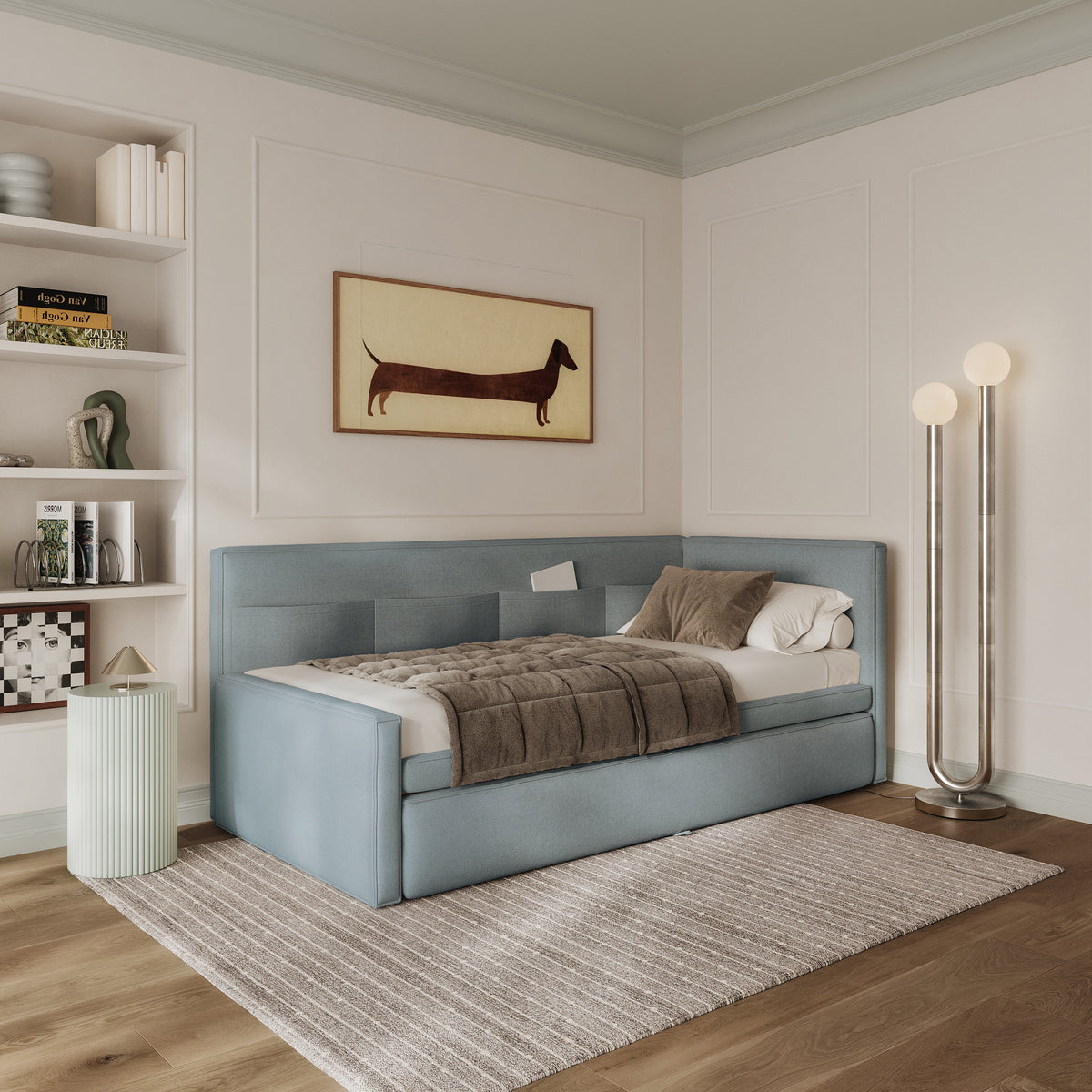 Jugendbett 90x200 cm Nesmi rechtsseitig mit Stauraum, blau, pflegeleichter Chenille