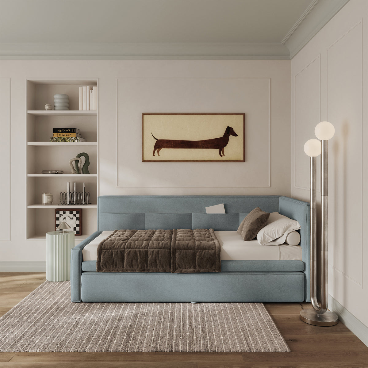 Jugendbett 90x200 cm Nesmi rechtsseitig mit Stauraum, blau, pflegeleichter Chenille