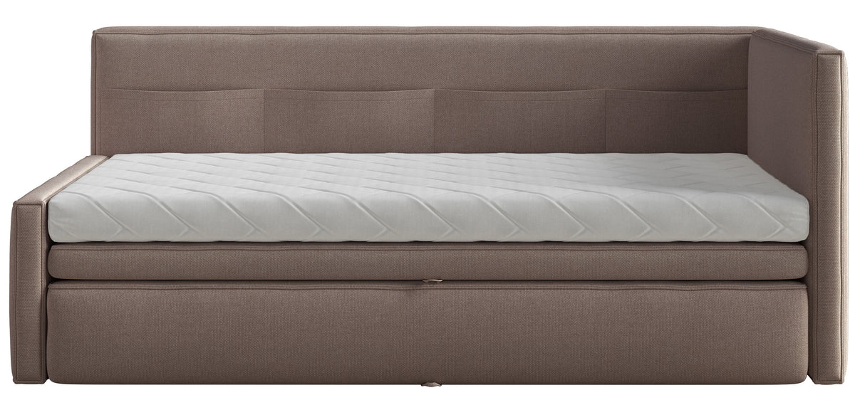 Jugendbett 90x200 cm Nesmi rechtsseitig mit Stauraum hellbrauner Chenille, pflegeleicht
