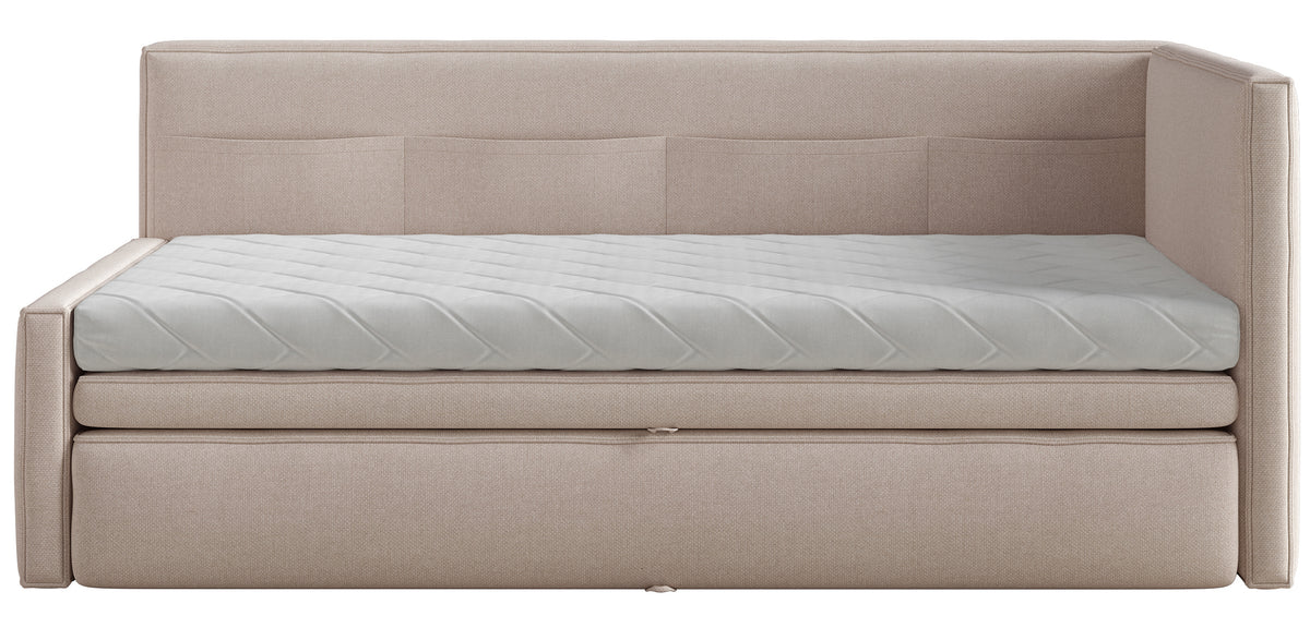 Jugendbett 90x200 cm Nesmi, rechtsseitig, mit Stauraum, beige Chenille, pflegeleicht