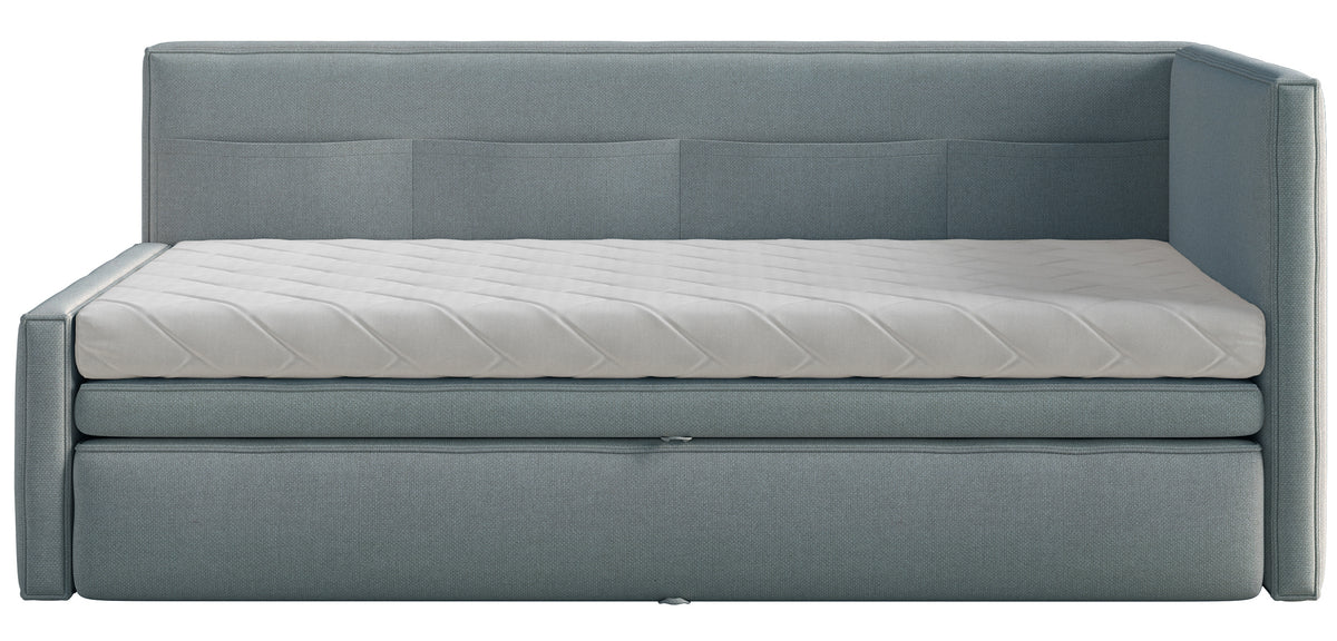 Jugendbett 90x200 cm Nesmi rechtsseitig mit Stauraum, blau, pflegeleichter Chenille