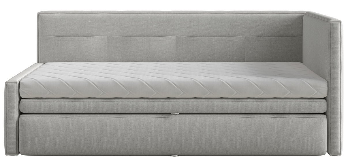 Jugendbett 90x200 cm Nesmi rechtsseitig mit Stauraum, hellgrauer Chenille, pflegeleicht