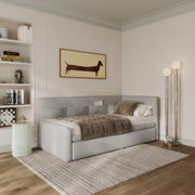 Jugendbett 90x200 cm Nesmi rechtsseitig mit Stauraum, hellgrauer Chenille, pflegeleicht