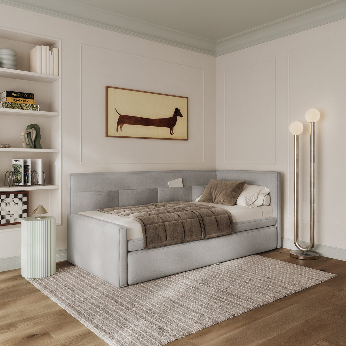 Jugendbett 90x200 cm Nesmi rechtsseitig mit Stauraum, hellgrauer Chenille, pflegeleicht