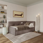 Jugendbett 90x200 cm Nesmi rechtsseitig mit Stauraum hellbrauner Chenille, pflegeleicht