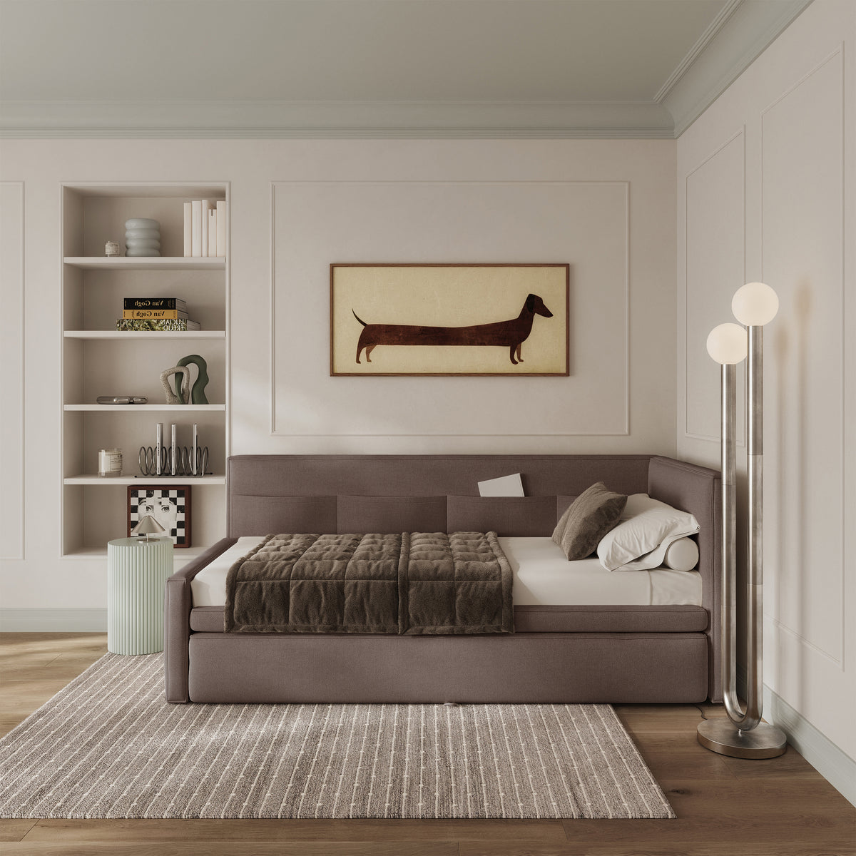 Jugendbett 90x200 cm Nesmi rechtsseitig mit Stauraum hellbrauner Chenille, pflegeleicht