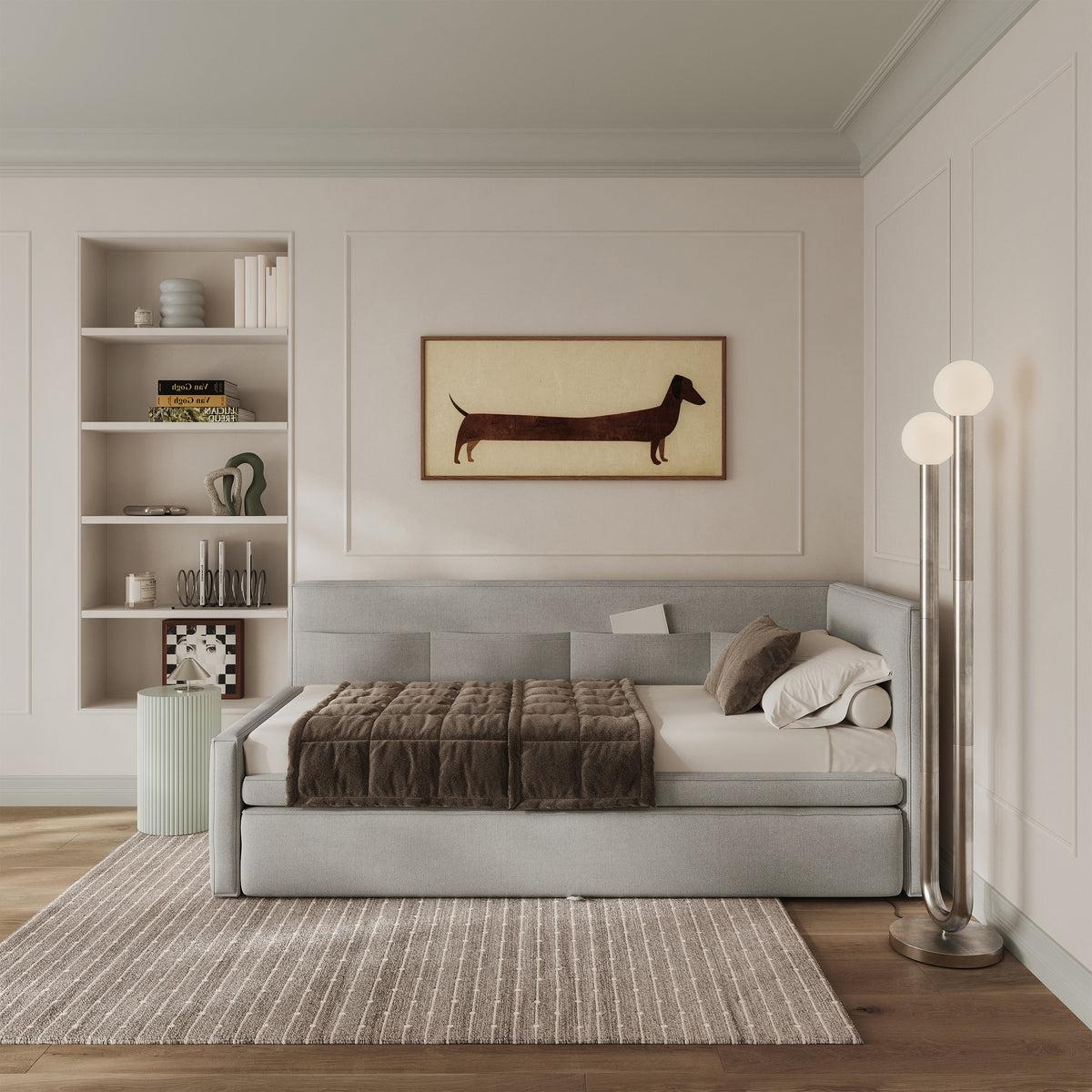Jugendbett 90x200 cm Nesmi rechtsseitig mit Stauraum, hellgrauer Chenille, pflegeleicht