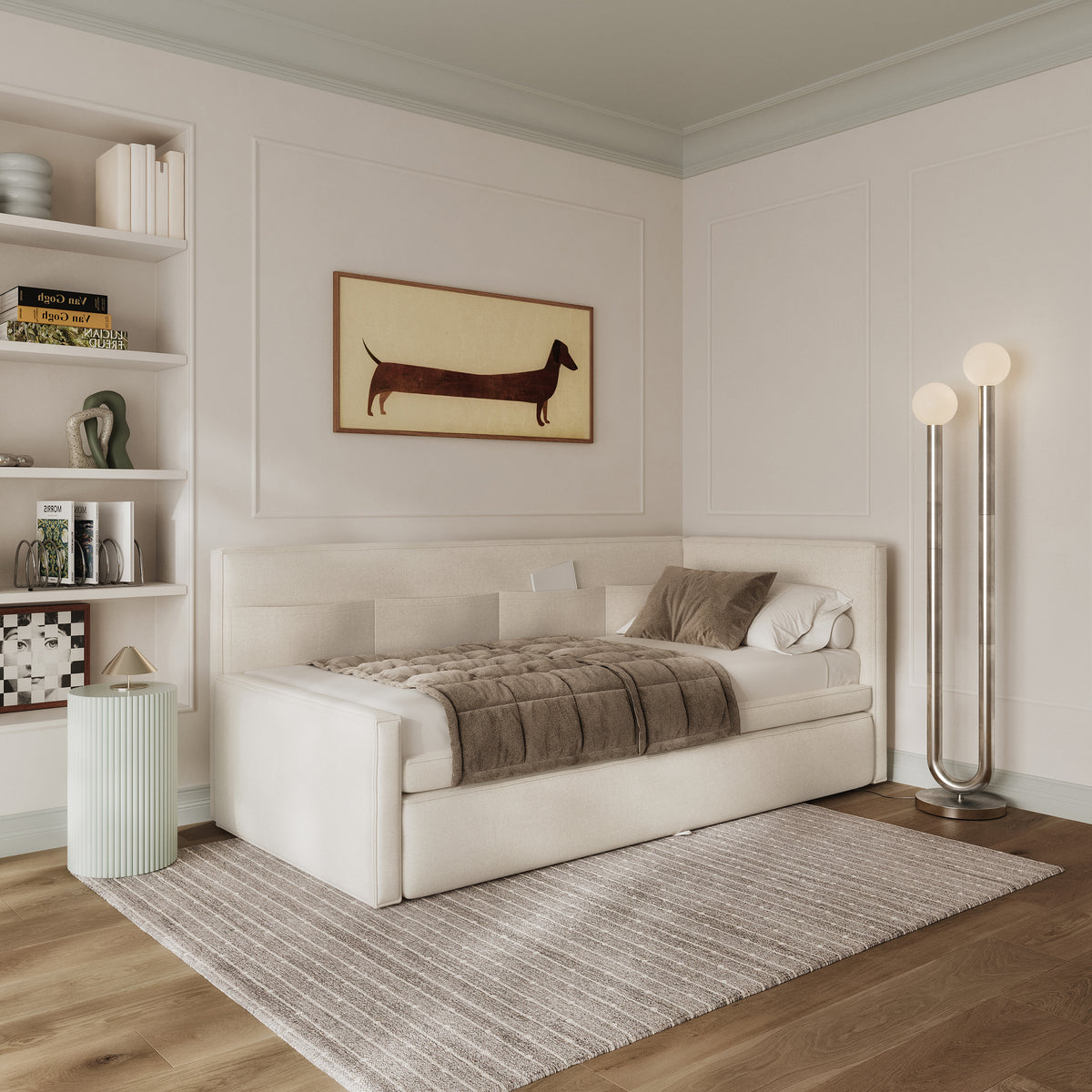 Jugendbett 90x200 cm Nesmi rechtsseitig mit Stauraum, cremefarben, pflegeleichter Chenille