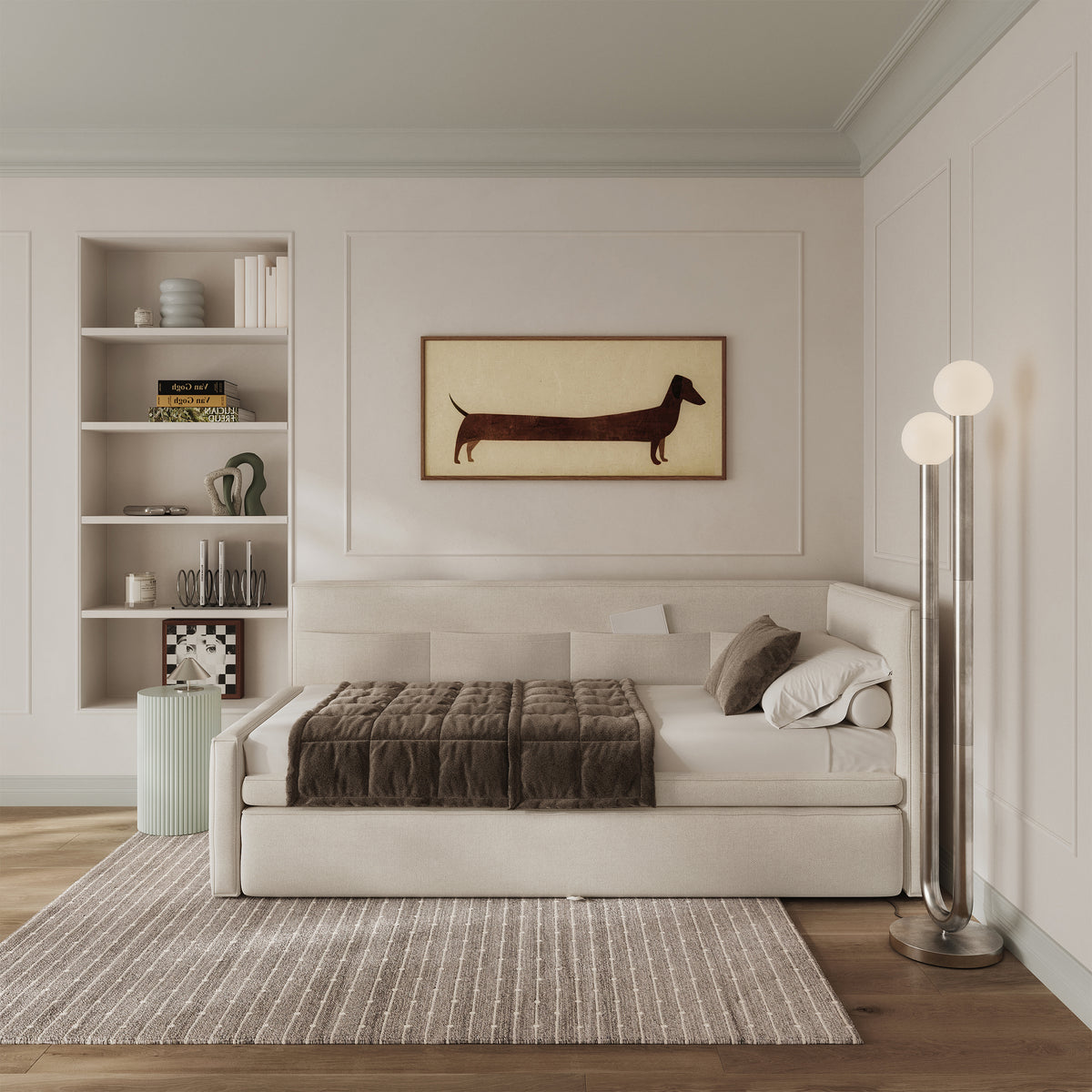Jugendbett 90x200 cm Nesmi rechtsseitig mit Stauraum, cremefarben, pflegeleichter Chenille