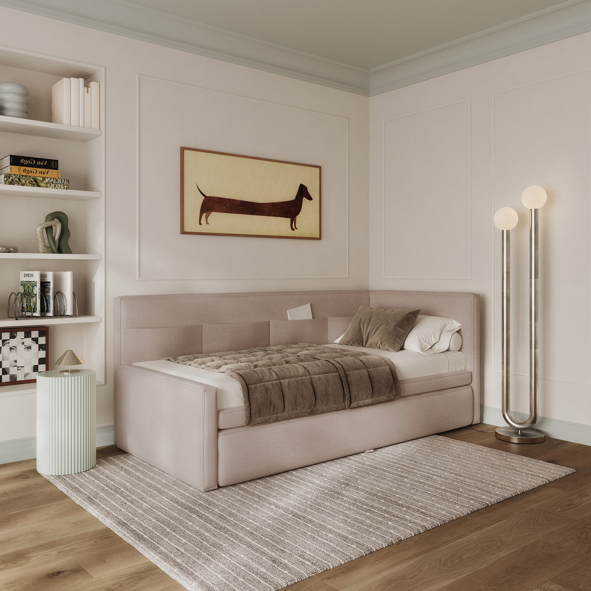 Jugendbett 90x200 cm Nesmi, rechtsseitig, mit Stauraum, beige Chenille, pflegeleicht