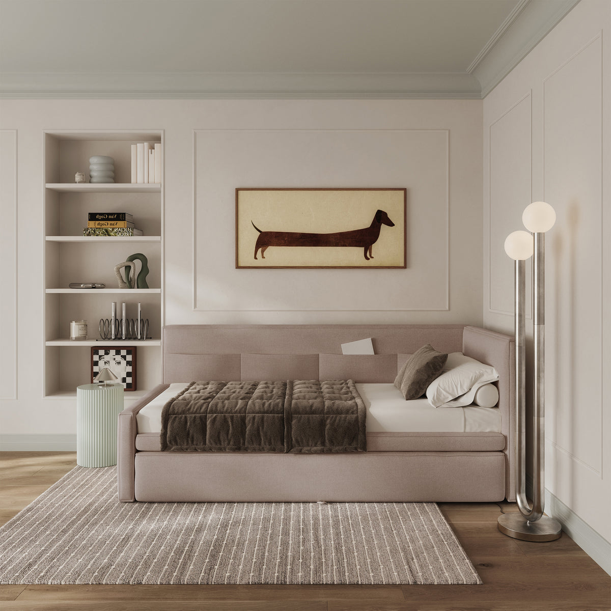 Jugendbett 90x200 cm Nesmi, rechtsseitig, mit Stauraum, beige Chenille, pflegeleicht
