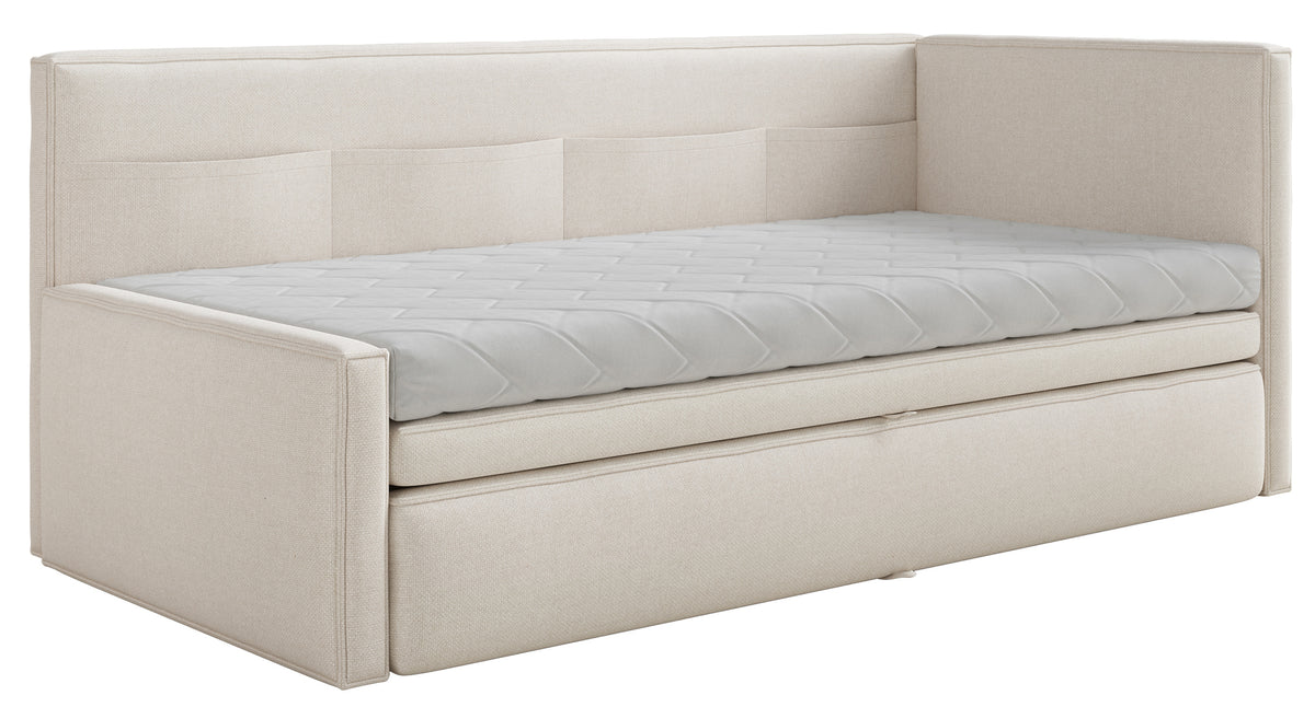 Jugendbett 90x200 cm Nesmi rechtsseitig mit Stauraum, cremefarben, pflegeleichter Chenille
