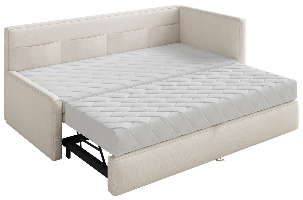 Jugendbett 90x200 cm Nesmi, ausziehbar, rechtsseitig, mit Matratzen, cremefarbener Chenille, pflegeleicht