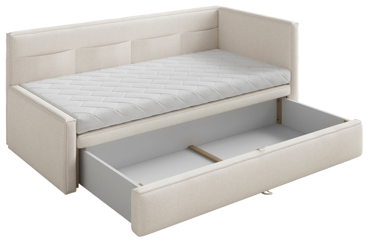 Jugendbett 90x200 cm Nesmi rechtsseitig mit Stauraum, cremefarben, pflegeleichter Chenille