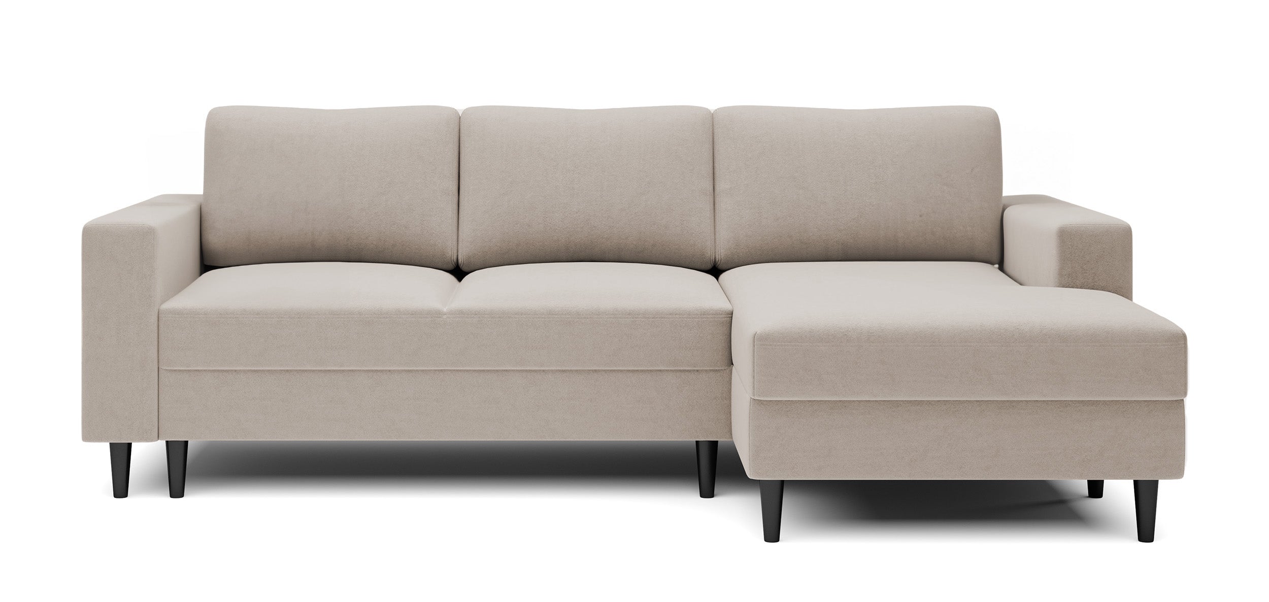 Ecksofa mit Schlaffunktion Nalika, L-förmig, mit Stauraum, beige Velours, wasserabweisend, rechtsseitig