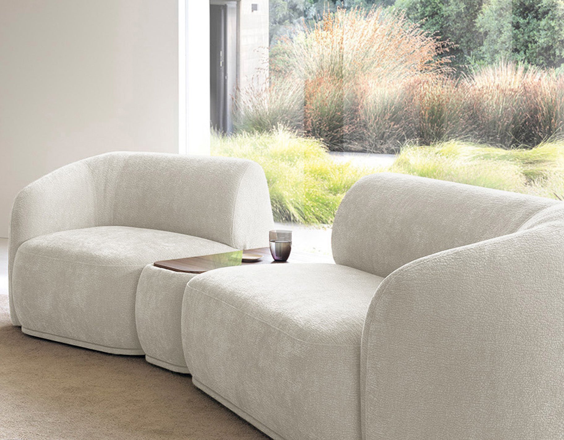 Einzelmodul Bommo linksseitig, cremefarben, Chenille