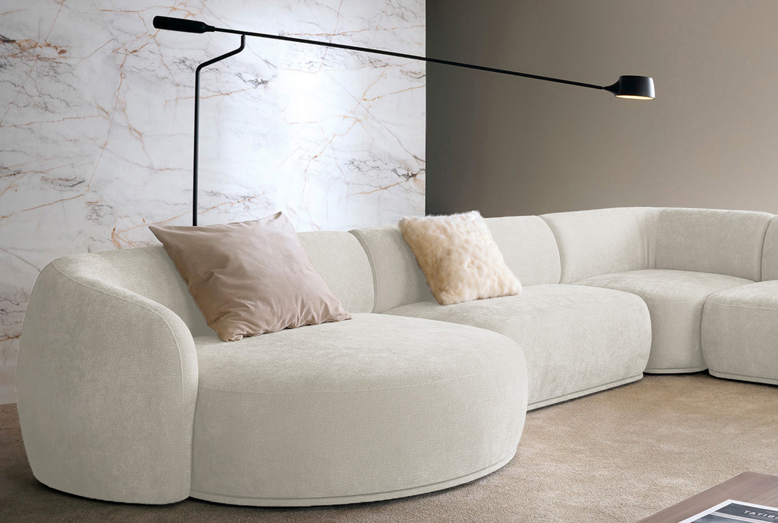 Modulare Ottomane Bommo, linksseitig, cremefarben, Chenille
