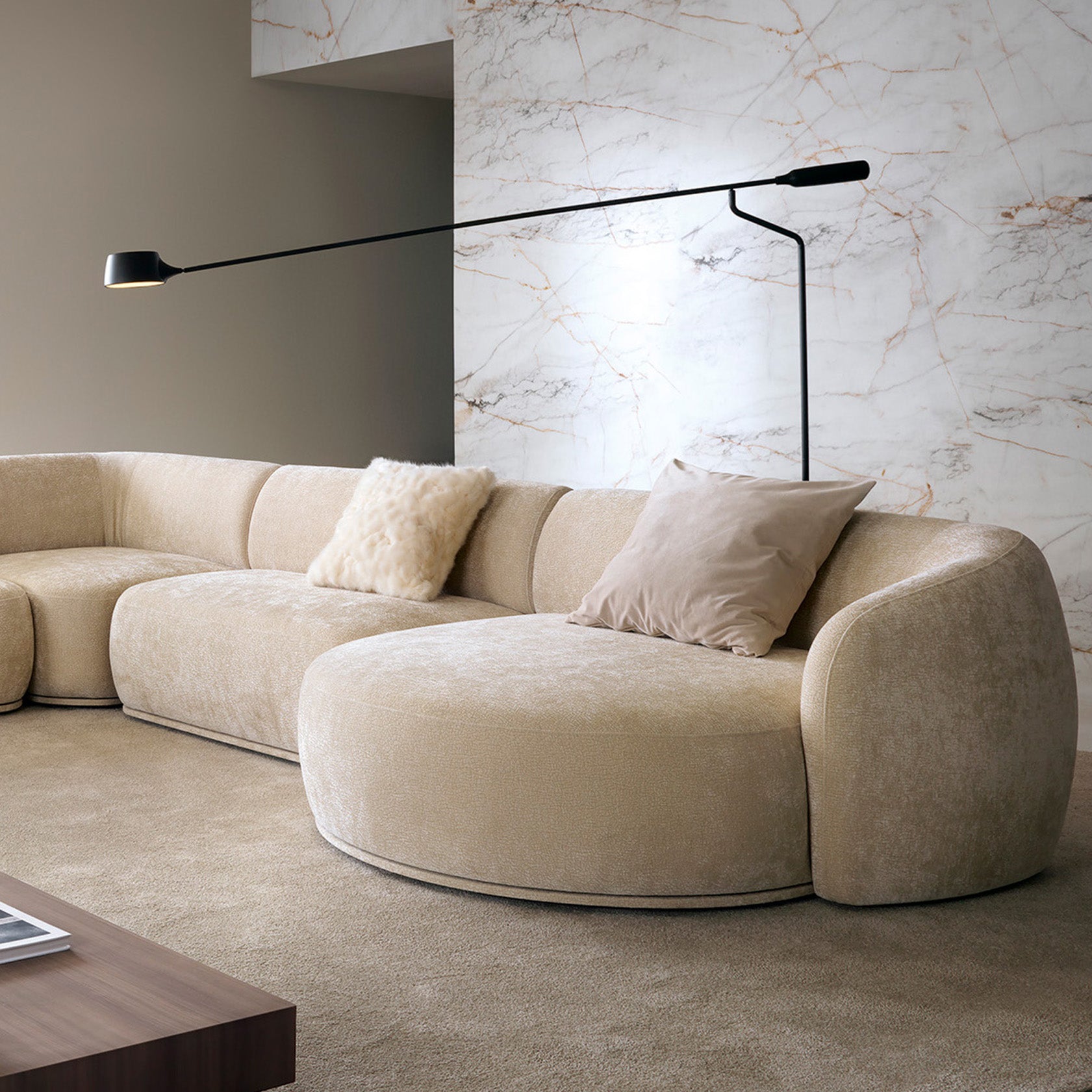 Modulare Ottomane Bommo, rechtsseitig, beige Chenille