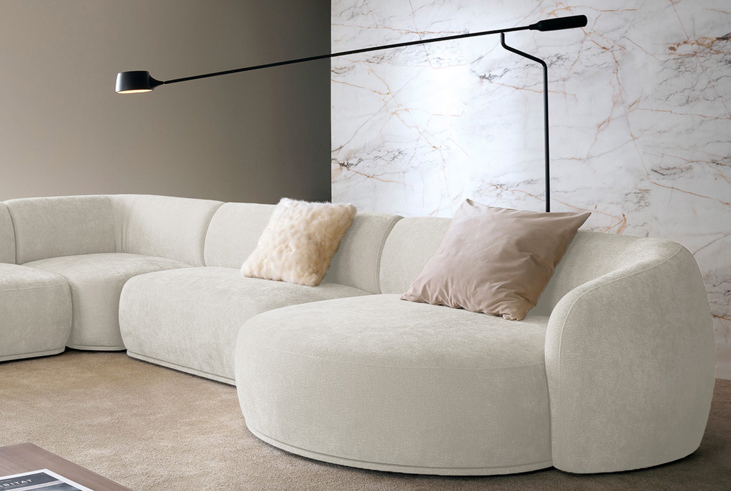 Modulares Ottomane Bommo, rechtsseitig, cremefarbenes Chenille