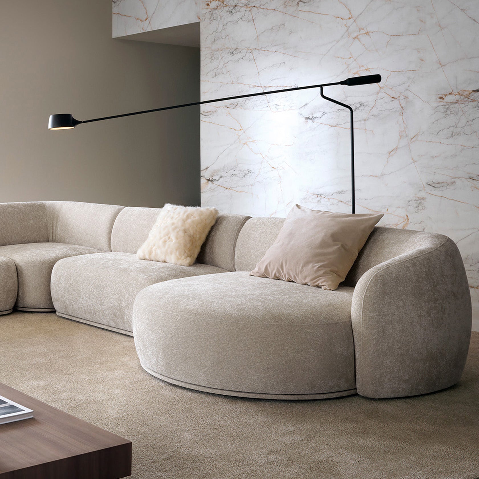 Modulares Ottomanen-Modul Bommo, rechtsseitig, grau-beige Chenille