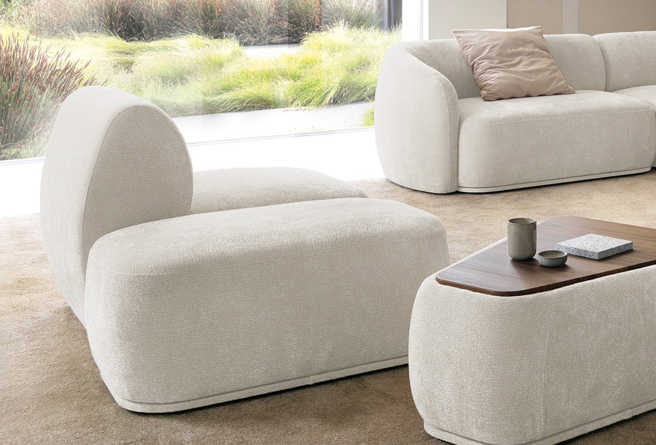 Modulares rechteckiges Pouf Bommo in cremefarbenem Chenille