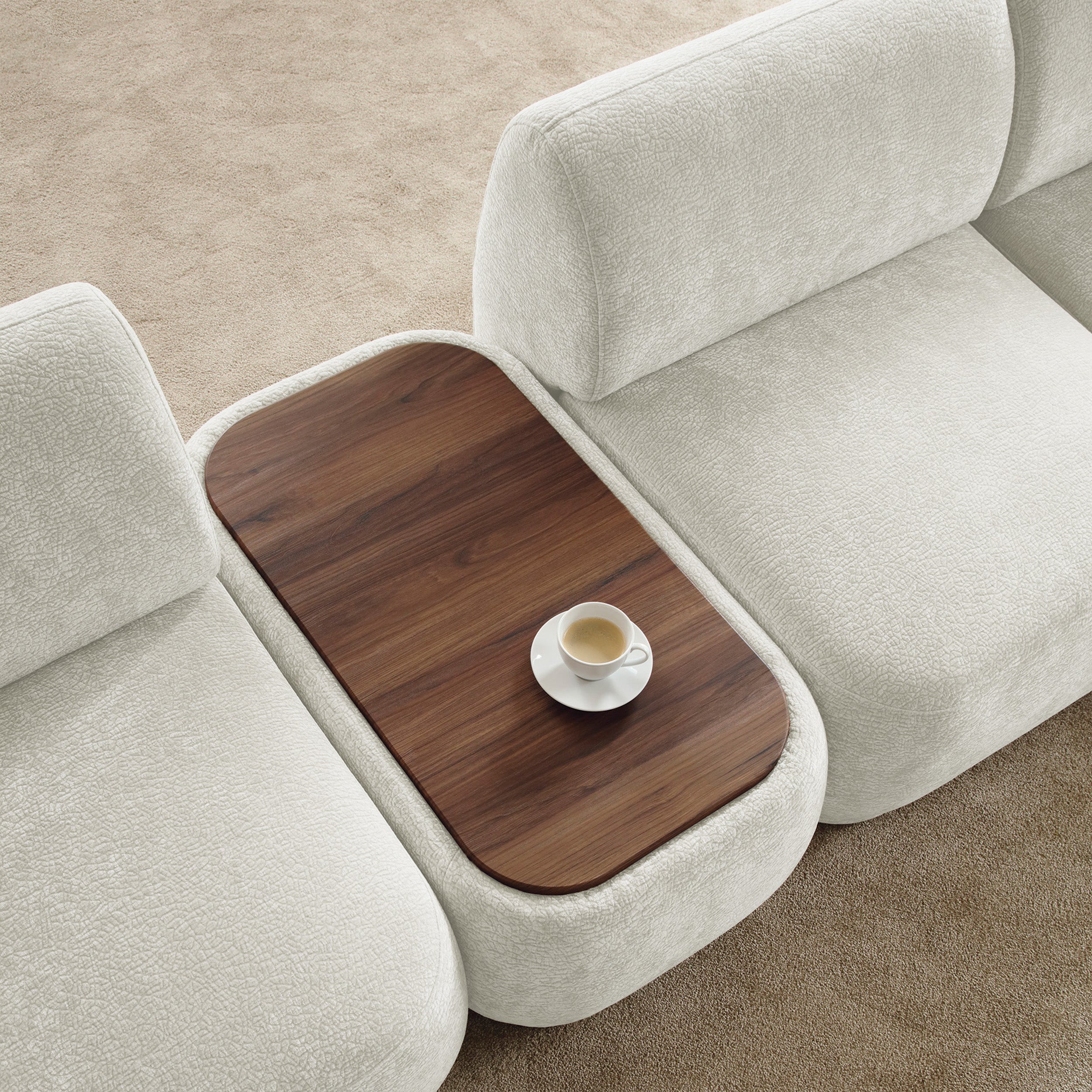 Modulares rechteckiges Pouf mit Platte Bommo, cremefarbenes Chenille